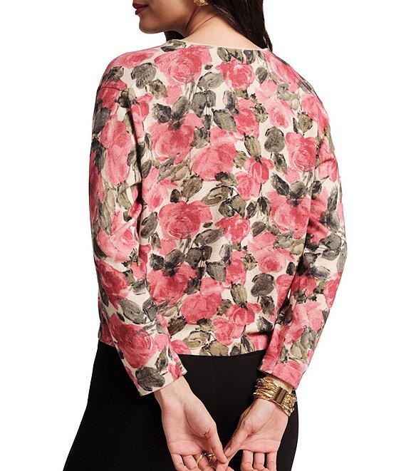 FRANCES VALENTINE Darling Pretty Peonies Crew Neck Long Sleeve Pearl Button Front Cardigan Product Image