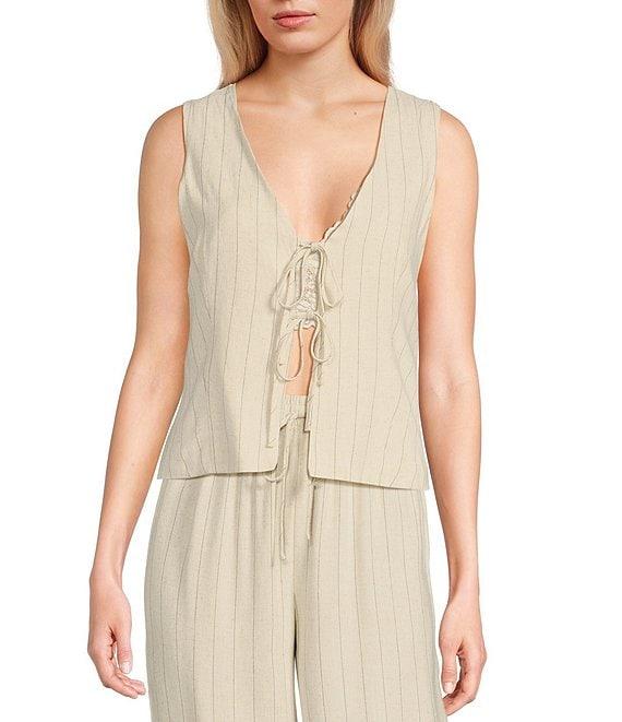 Blu Pepper Woven Striped V-Neck Tie Front Coordinating Vest Top Product Image
