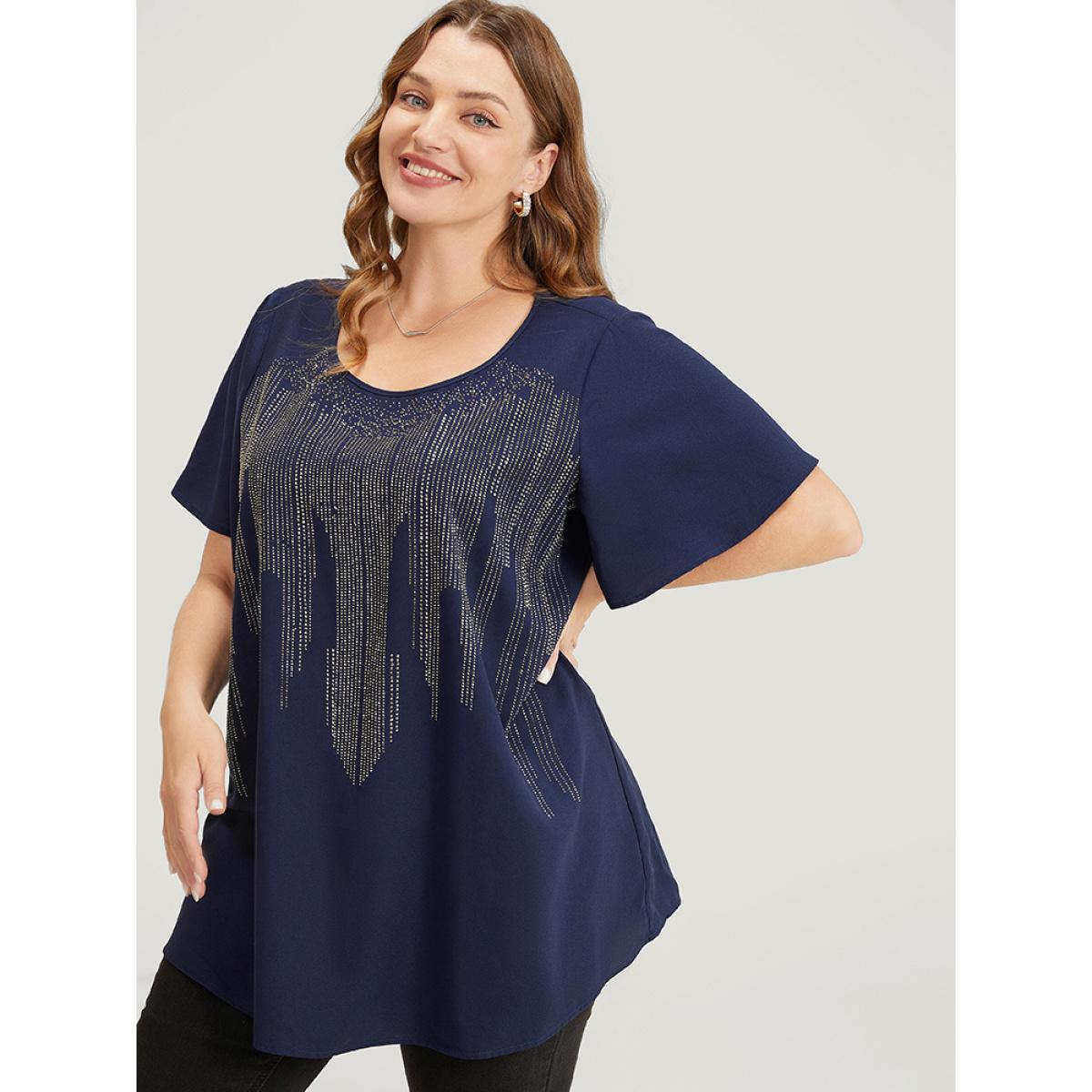 Plus Size Aegean Plain Rhinestones Detail Ruffles Sleeve Blouse Women Party Short sleeve Round Neck Dailywear Blouses BloomChic 26/4X Product Image