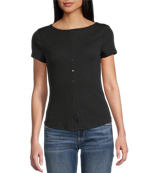 Moa Moa Crewneck Neck Short Sleeve Button-Front Top Product Image