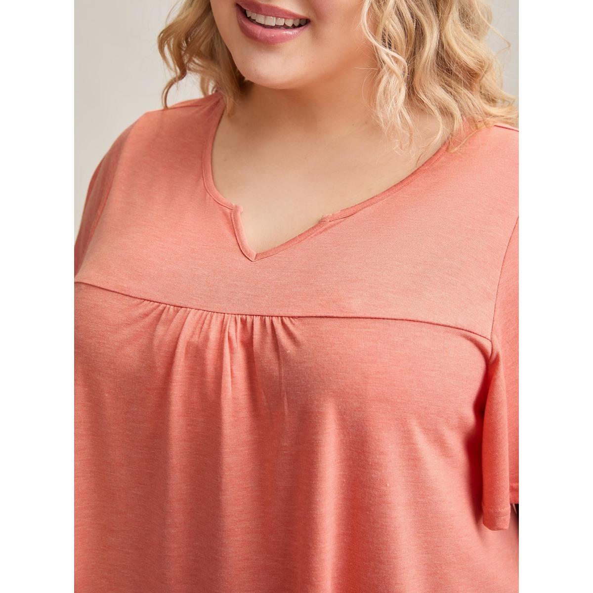 Plus Size Heathered Split Neckline Plain T-Shirt Coral Women Casual Gathered Notched collar Everyday T-shirts BloomChic 12/L Product Image