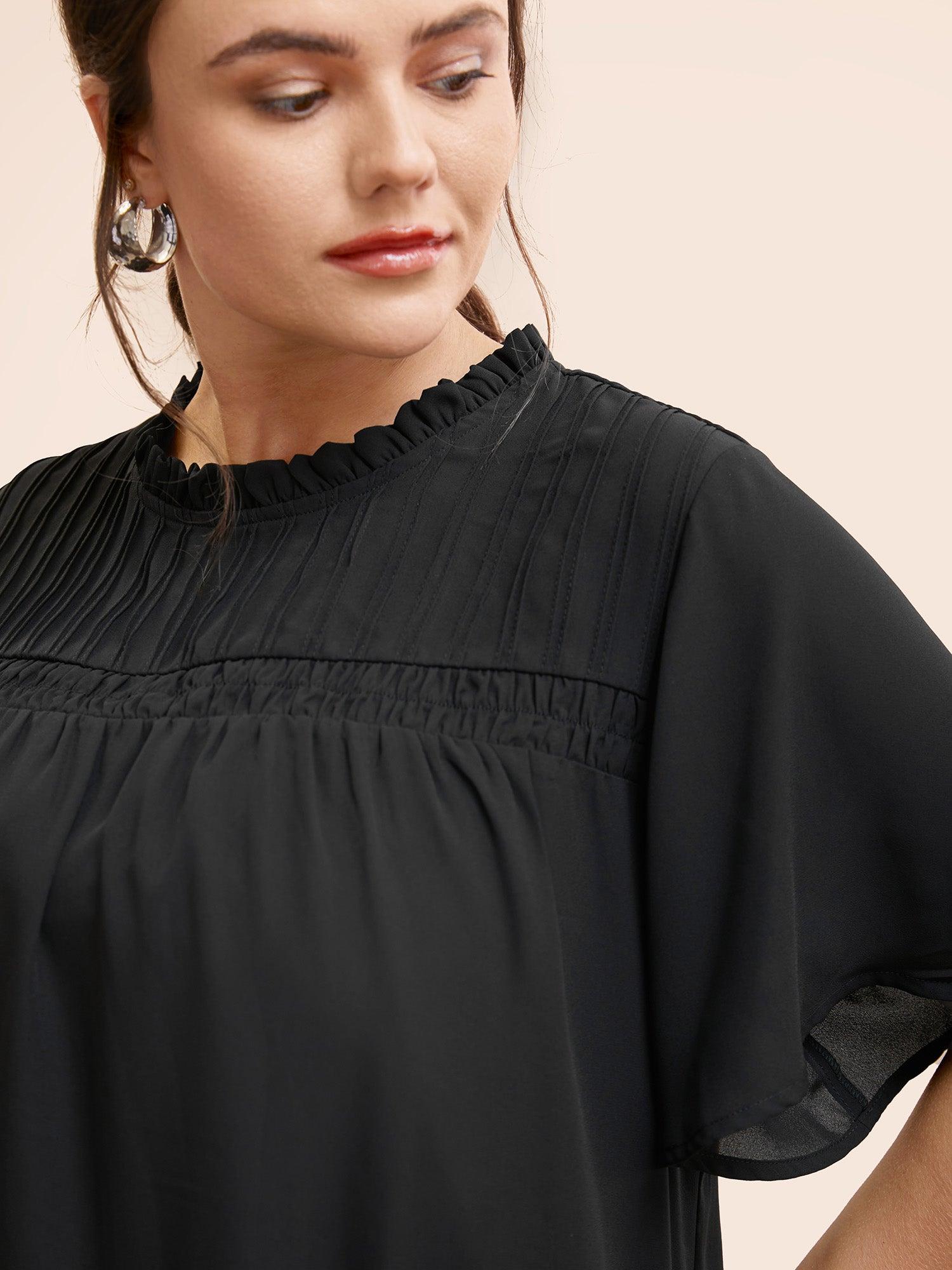 Anti-Wrinkle Shirred Ruffle Sleeve Mesh Frill Trim Blouse Female Product Image