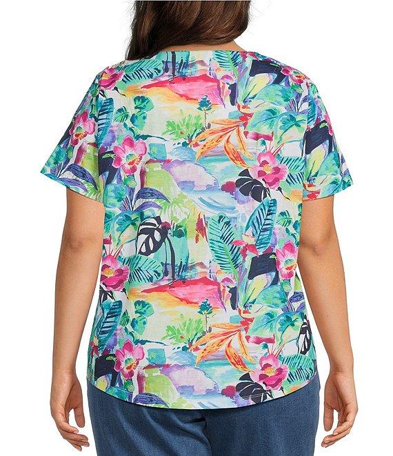 Allison Daley Plus Size Balinese Breeze Print Short Sleeve Crew Neck Knit Top Product Image