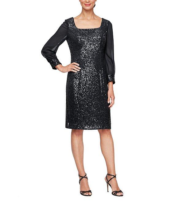 Alex Evenings Sequin Square Neck 3/4 Illusion Sleeve Sheath Dress Product Image
