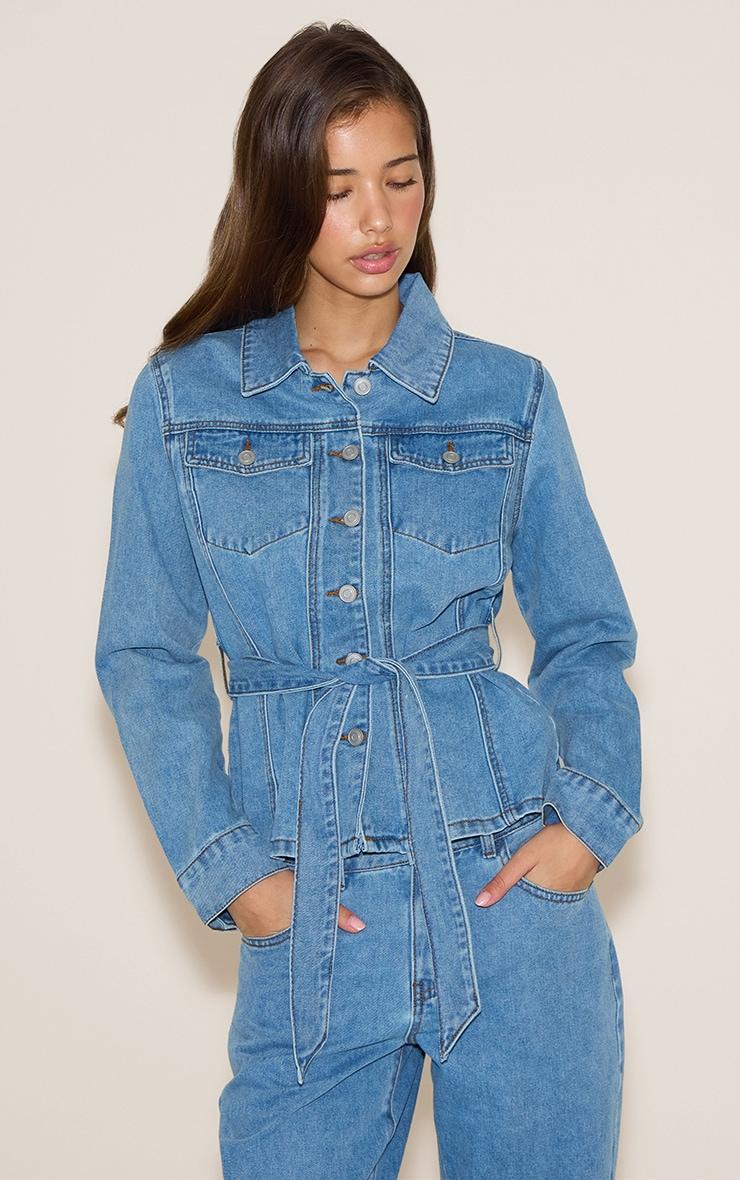 Light Blue Mid Waist Contrast Stitch Flared Jeans Product Image