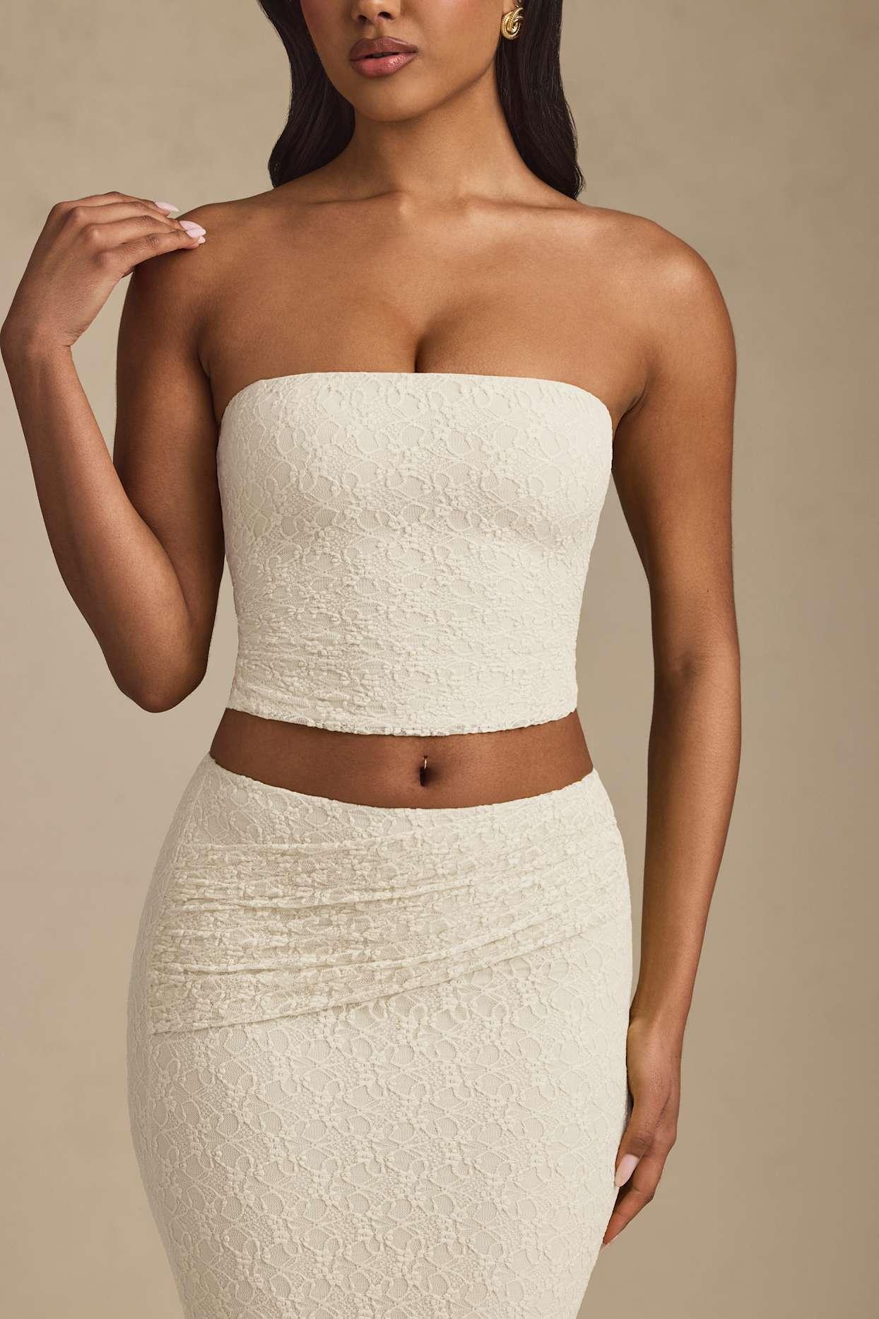 Ruched Strapless Lace Top in Ivory Product Image