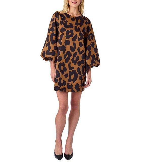 CROSBY by Mollie Burch Cecily Boat Neck Long Puff Sleeve Leopard Mini Shift Dress Product Image