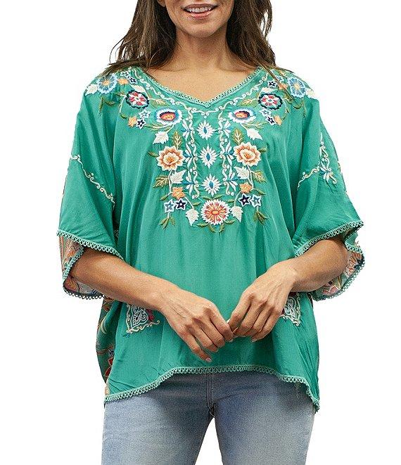 Karyn Seo Embroidered V-Neck Short Sleeve Printed Back Blouse Product Image