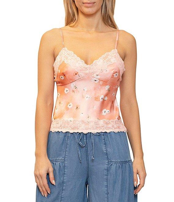 Stevie By Steve Madden Floral Print Lace Trim Spaghetti Strap Camisole Top Product Image