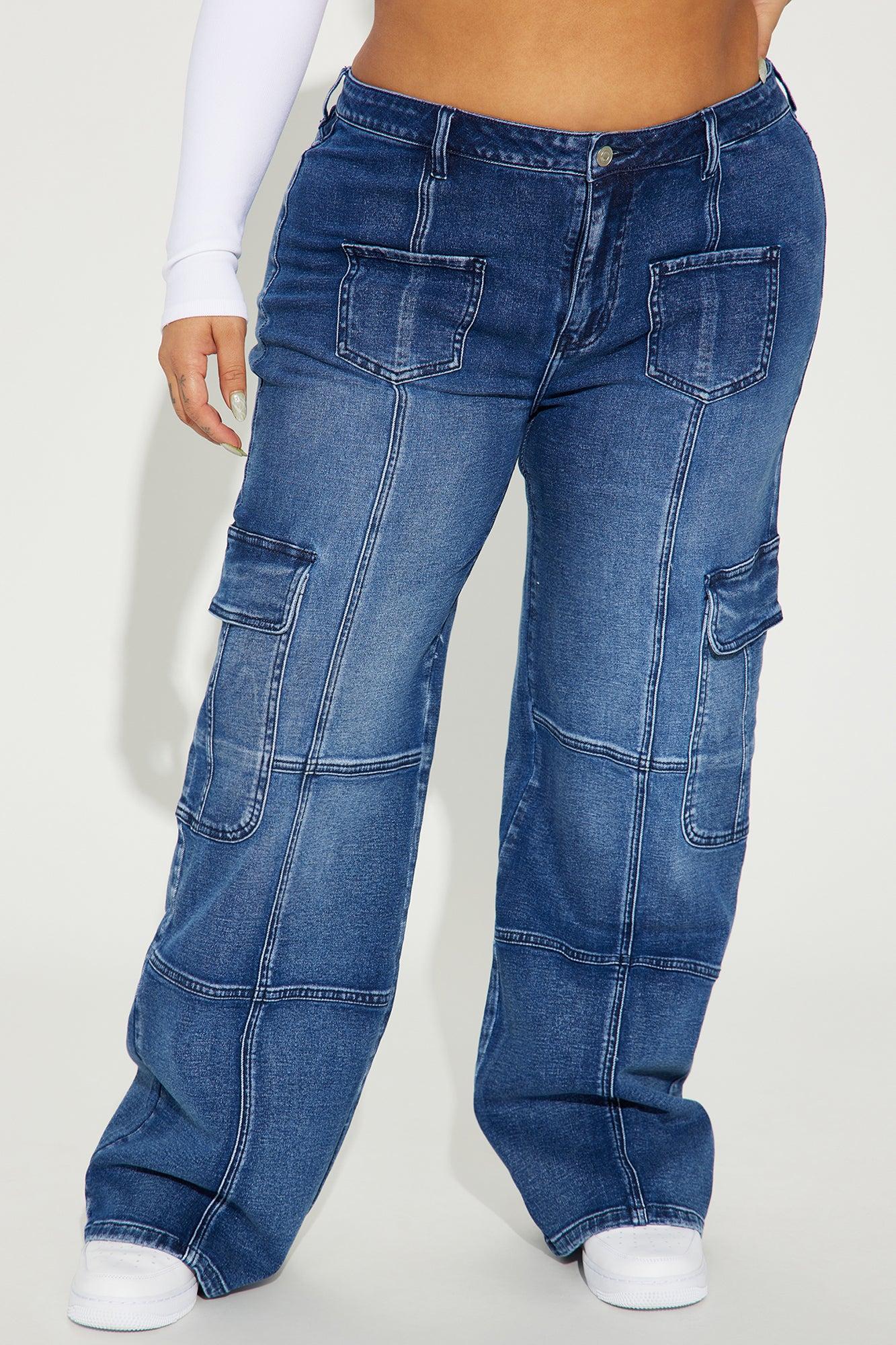Never Stop Low Stretch Cargo Straight Leg Jeans - Dark Wash Product Image