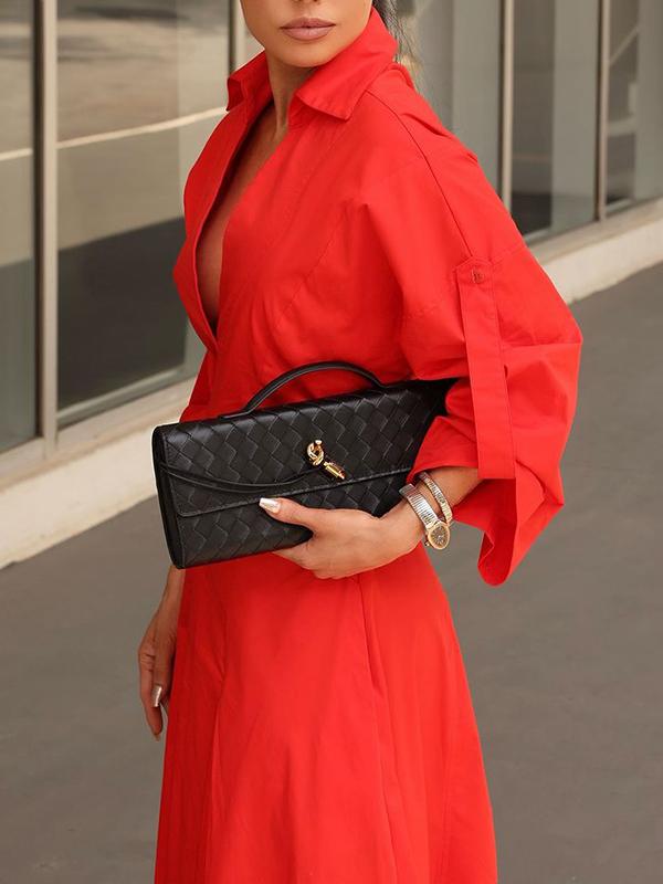 A-Line High Waisted Pleated Solid Color V-Neck Maxi Dresses Shirt Dress Product Image