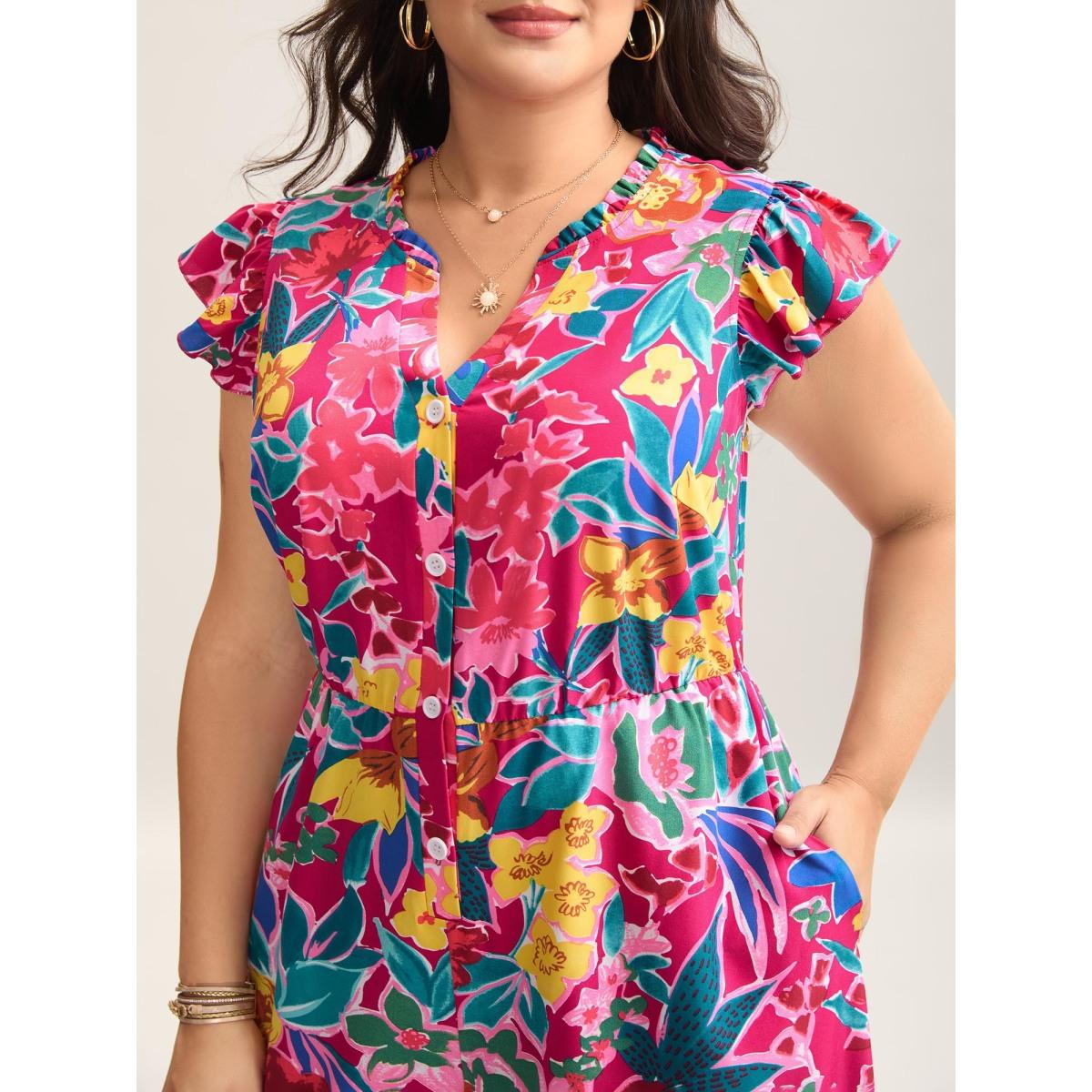 Plus Size RedViolet Sunkissed Floral Print Button Wide-Leg Jumpsuit Women Resort Cap Sleeve Notched collar Vacation Loose Jumpsuits BloomChic 30/6X Product Image