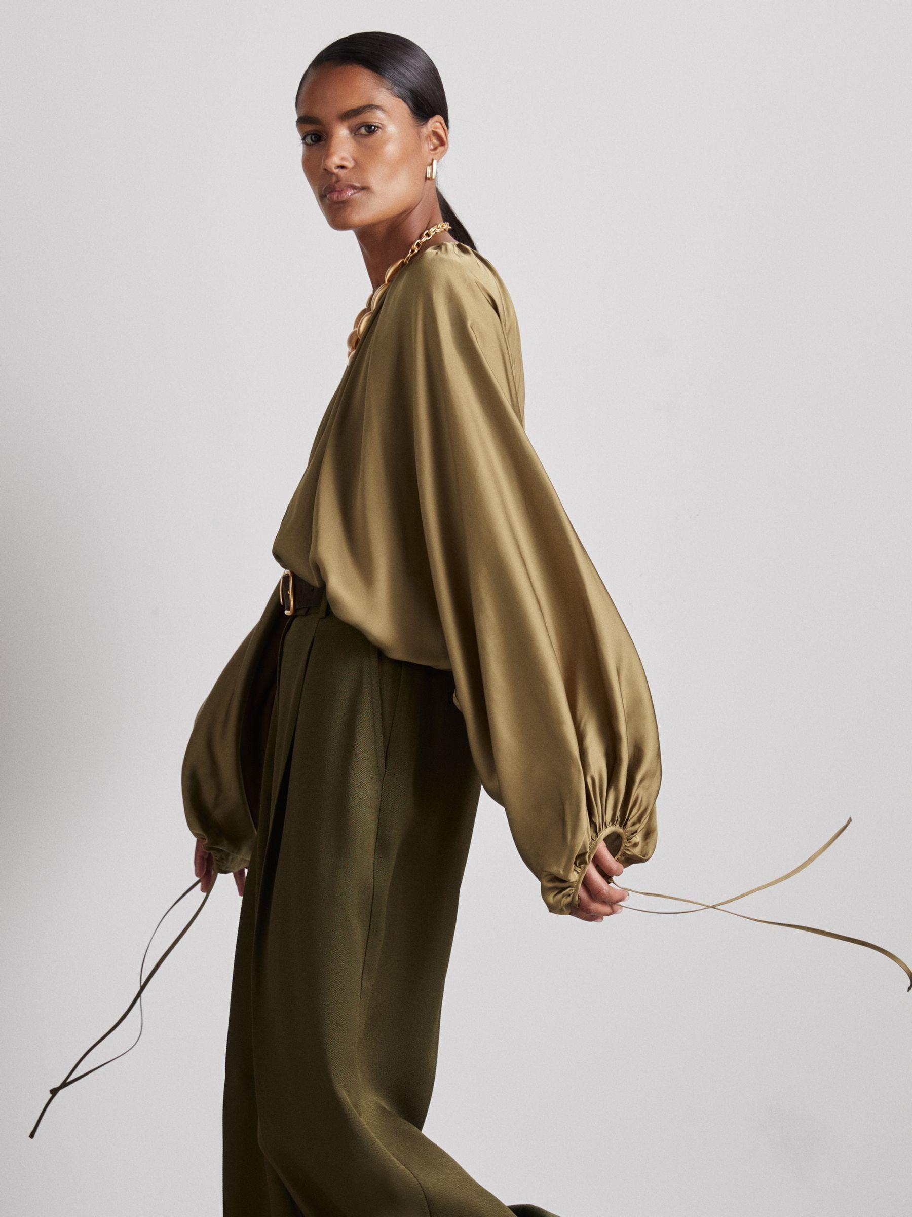 Atelier Gathered-Satin Top in Khaki Product Image