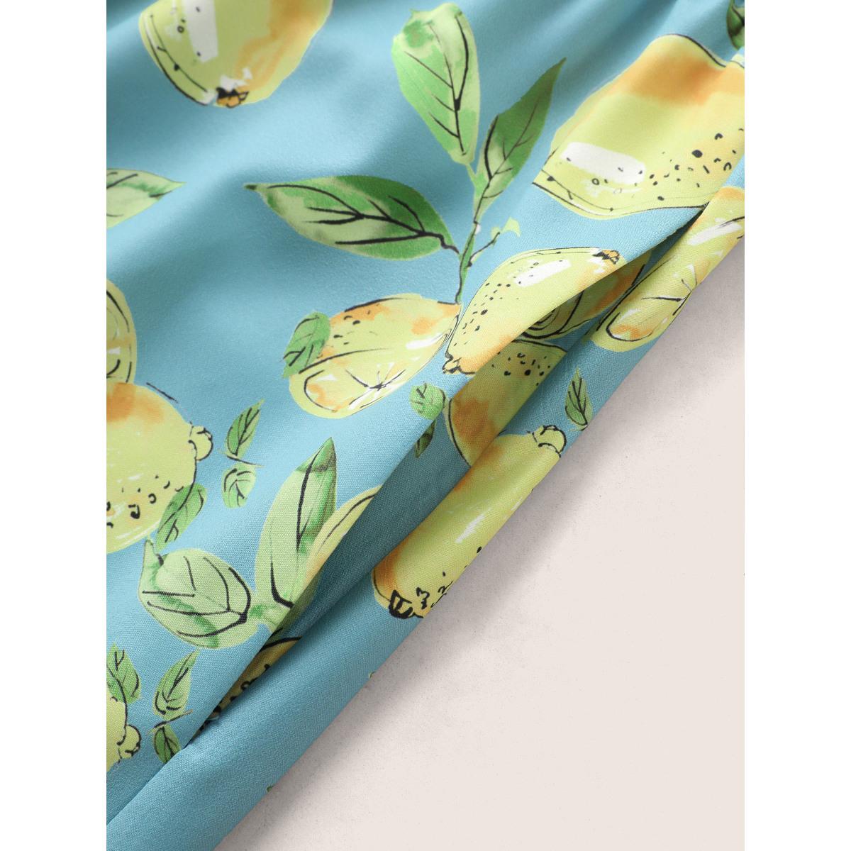 Plus Size Citrus Lemon Print Ruffle Cap Sleeve Belted Dress Blue Women Elegant Belted V-neck Cap Sleeve Curvy Midi Dress BloomChic 18-20/2X Product Image