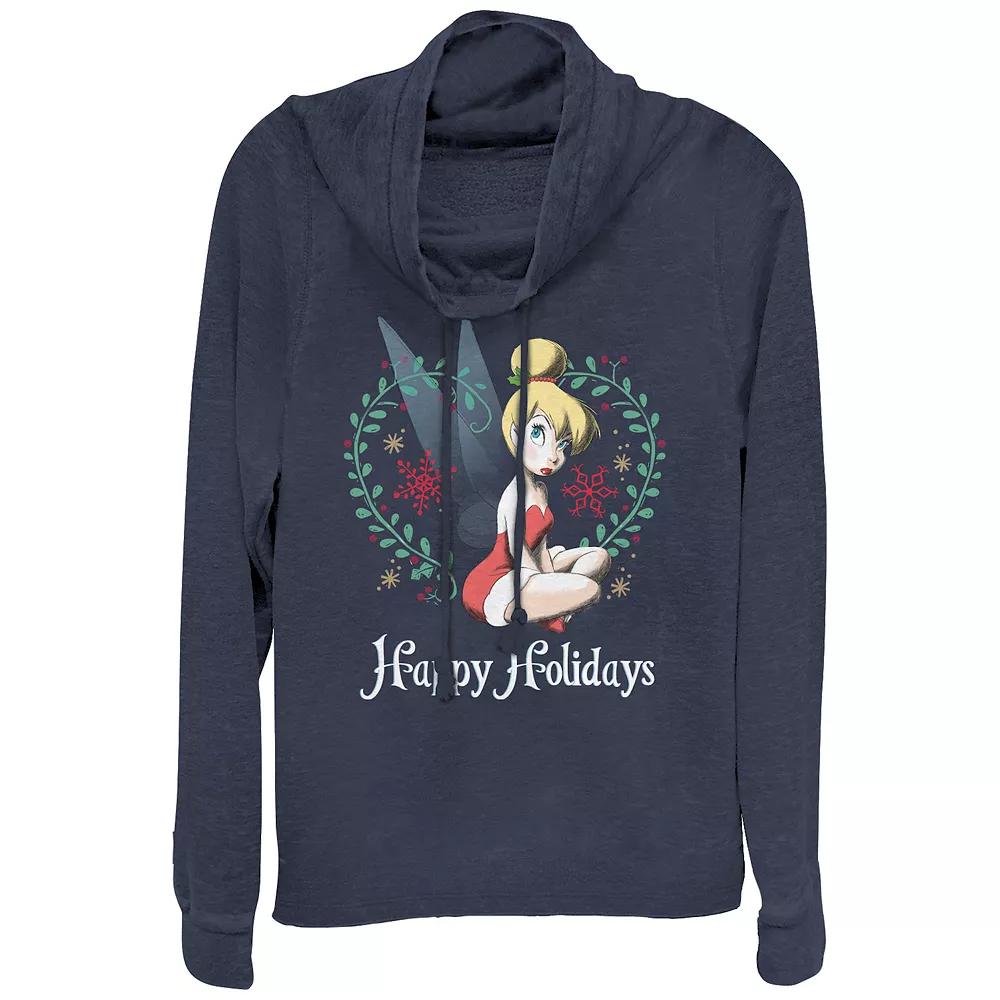 Disney's Tinker Bell Women's Plus Happy Holidays Heart Wreath Cowlneck Graphic Lightweight Long Sleeve, Girl's, Size: 1XL, Blue Product Image