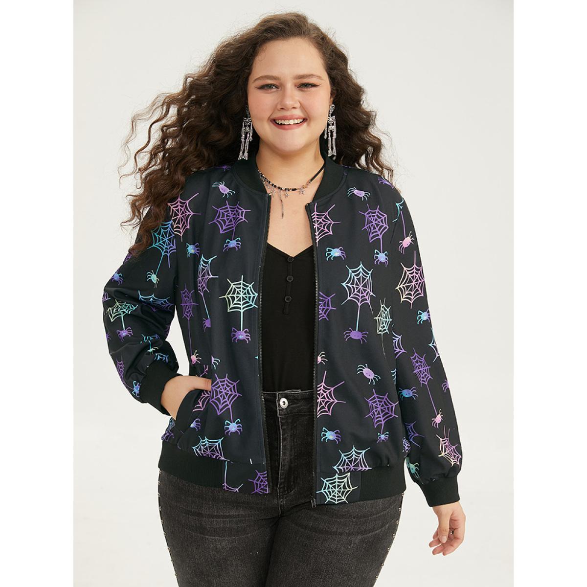 Plus Size Halloween Spider Web Zipper Pocket Jacket Women Black Elastic cuffs Pocket Dailywear Jackets BloomChic 28/5X Product Image