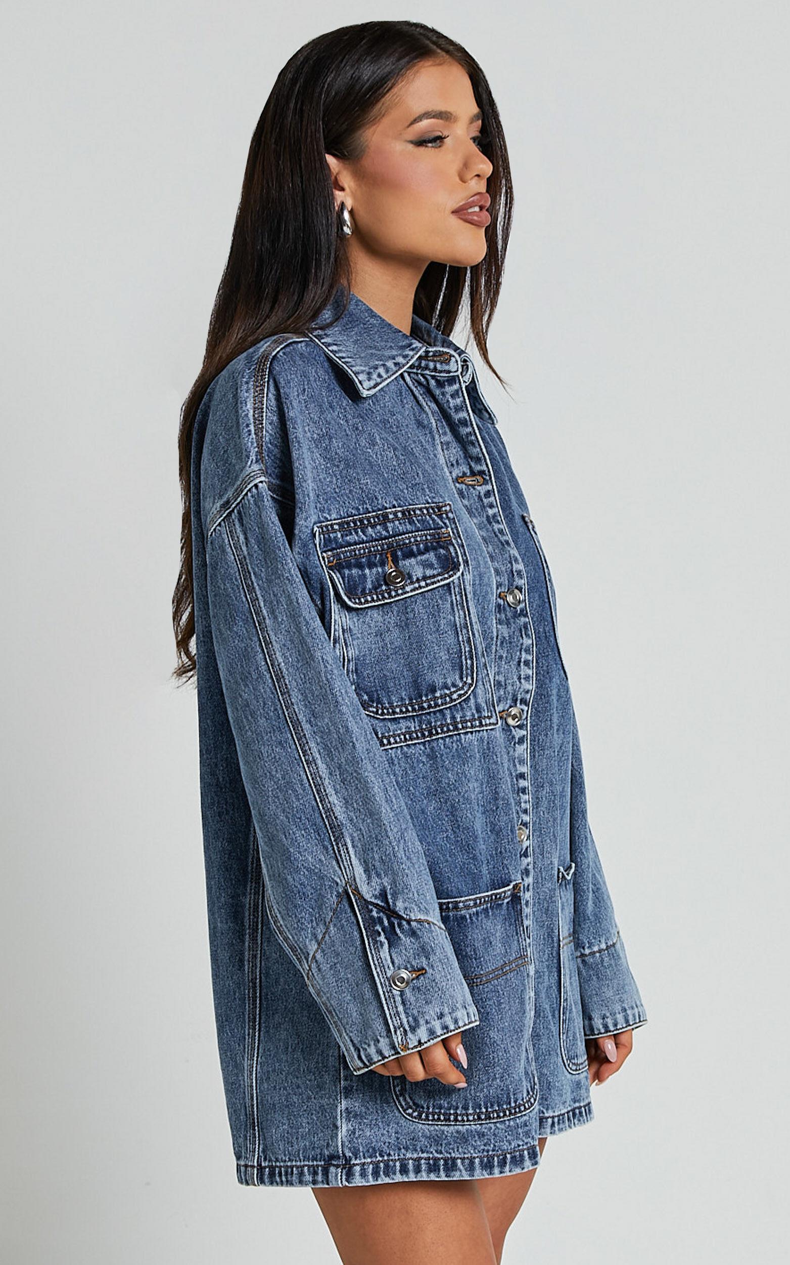 Harlow Jacket - Oversized Long Sleeve Denim Jacket in Mid Blue Wash Product Image