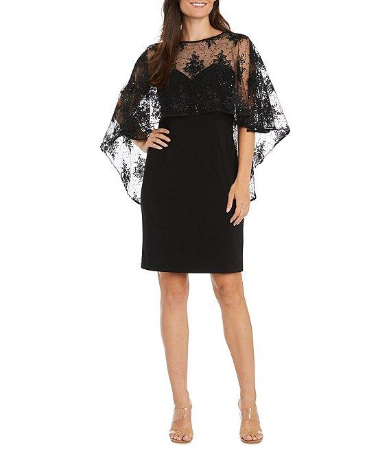 R & M Richards Crew Neck 3/4 Sleeve Embroidered Mesh Cape Overlay Dress Product Image