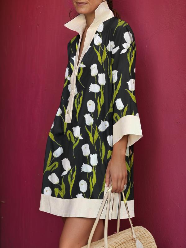 A-line Loose Buttoned Flower Print Stand Collar Mini Dresses Product Image