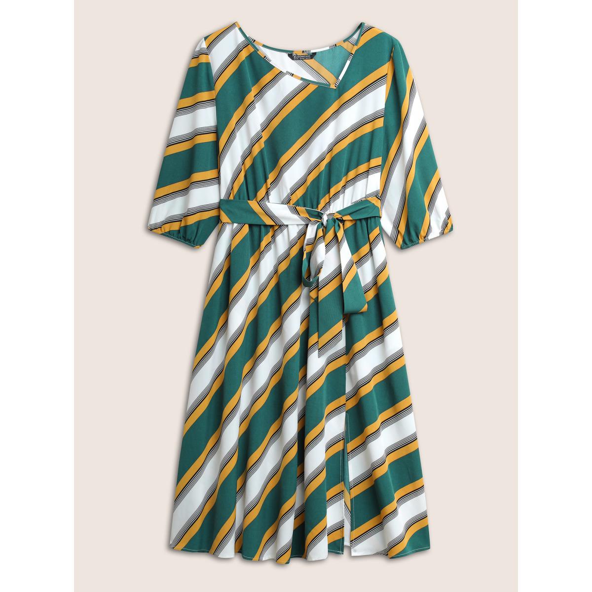 Plus Size Striped Contrast Asymmetrical Neck Belted Dress Cyan Women At the Office Non Asymmetrical Neck Elbow-length sleeve Curvy Midi Dress BloomChic 10/M Product Image