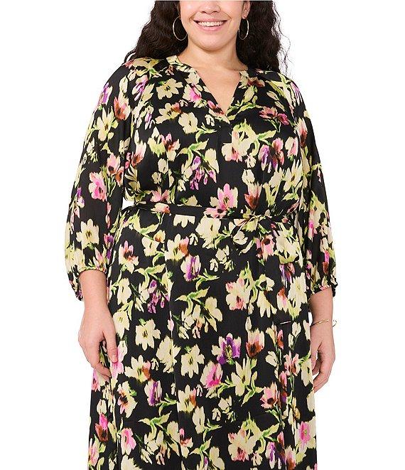 Vince Camuto Plus Size Woven Floral Print V-Neck 3/4 Sleeve Belted Maxi Dress Product Image