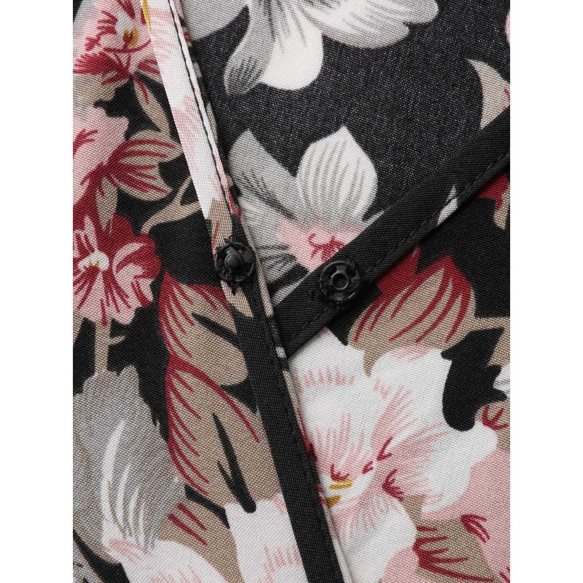 Plus Size Black Floral Contrast Belted Wide-Leg Jumpsuit Women Romantic Elbow-length sleeve Overlap Collar Elegant Loose Jumpsuits BloomChic 22-24/3X Product Image