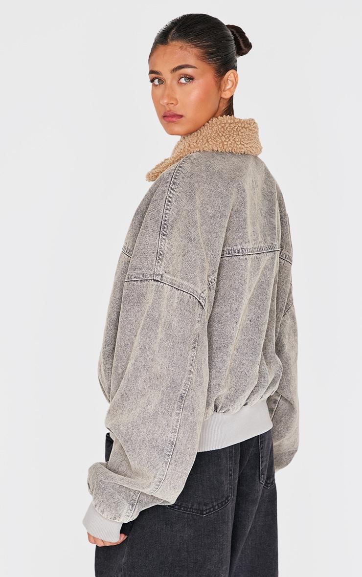 Light Grey Borg Collar Denim Bomber Jacket Product Image