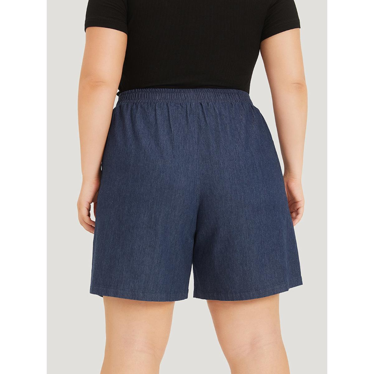 Plus Size Plain Ties Elastic Waist High Rise Shorts Women Indigo Casual Plain Dailywear Shorts BloomChic 26/4X Product Image