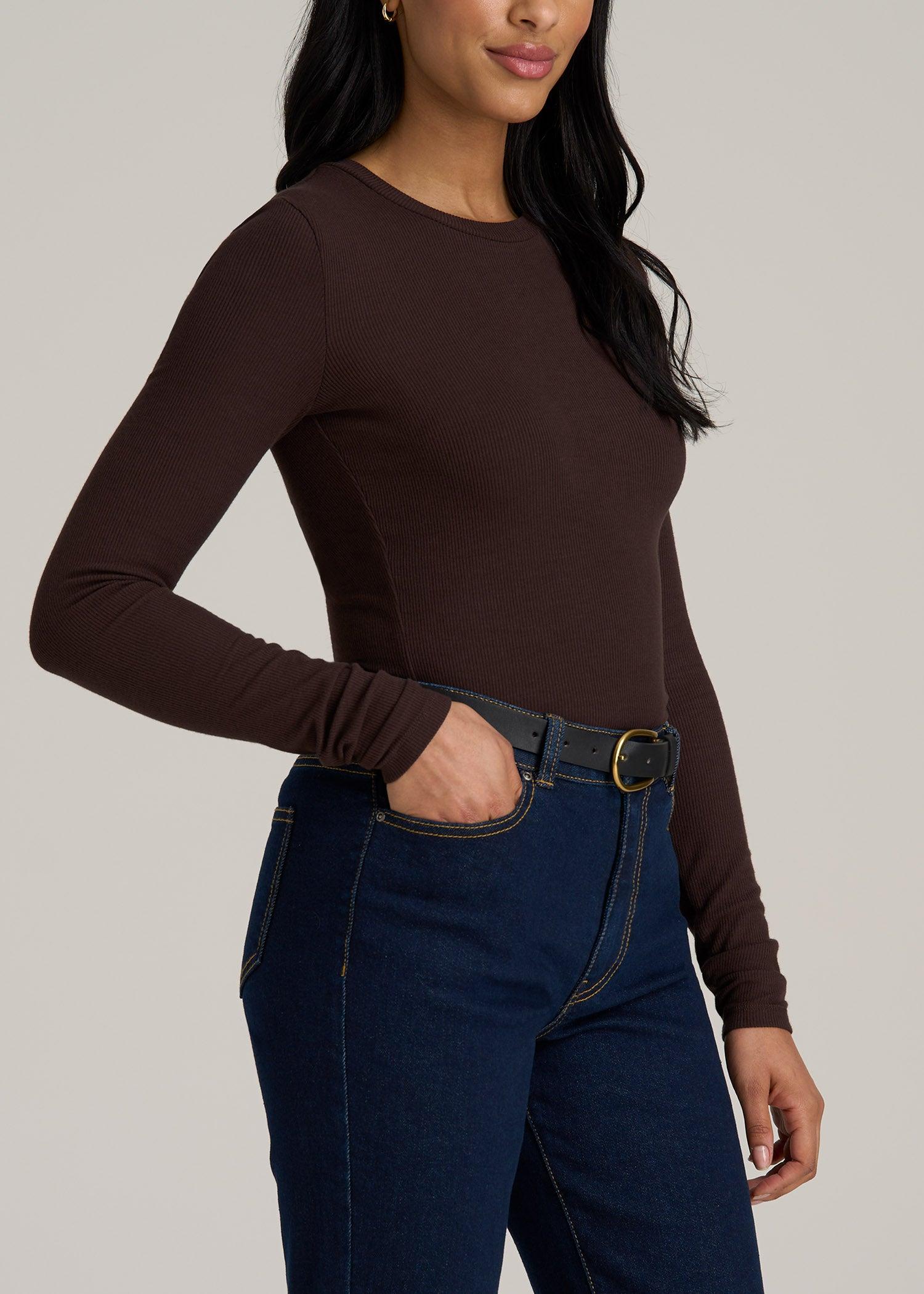 FITTED Ribbed Long Sleeve Tee for Tall Women in Espresso Female Product Image