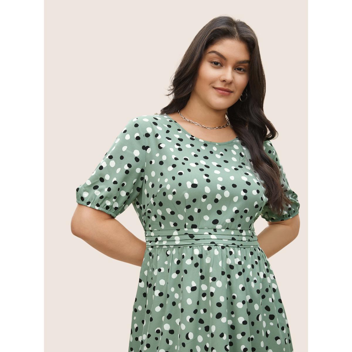 Plus Size Allover Print Pleated Lantern Sleeve Dress Sage Women Elegant Non Round Neck Short sleeve Curvy Midi Dress BloomChic 30/6X Product Image