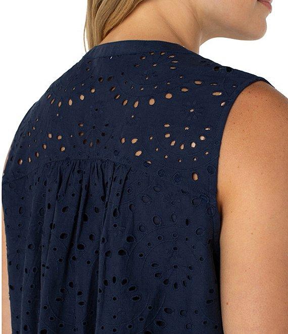 Liverpool Los Angeles Petite Size Allover Eyelet Embroidered Split Round V-Neck Sleeveless Top Product Image
