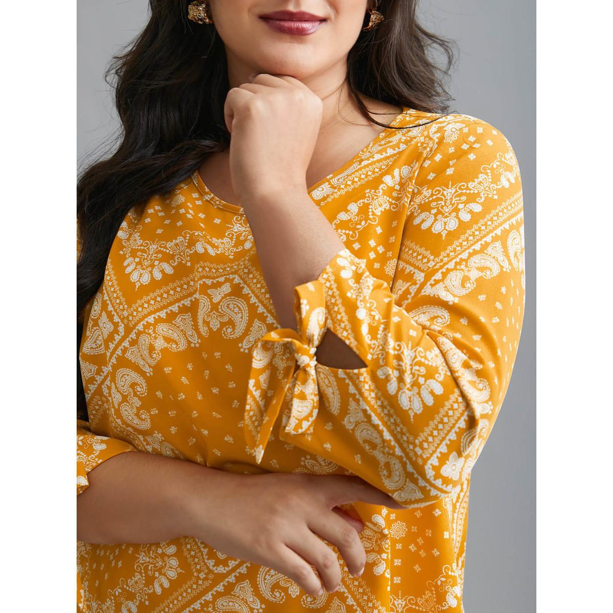 Plus Size Turmeric Round Neck Bandana Print Sleeve Tie Blouse Women Elegant Elbow-length sleeve Round Neck Everyday Blouses BloomChic 18-20/2X Product Image