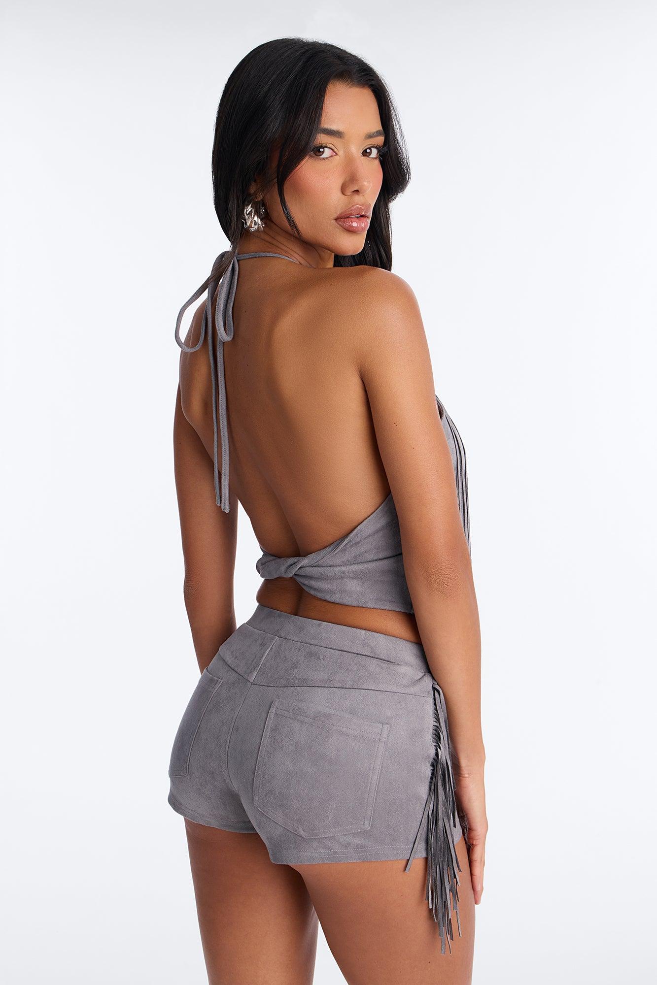 Just In Time Faux Suede Fringe Halter Short Set - Charcoal Female Product Image