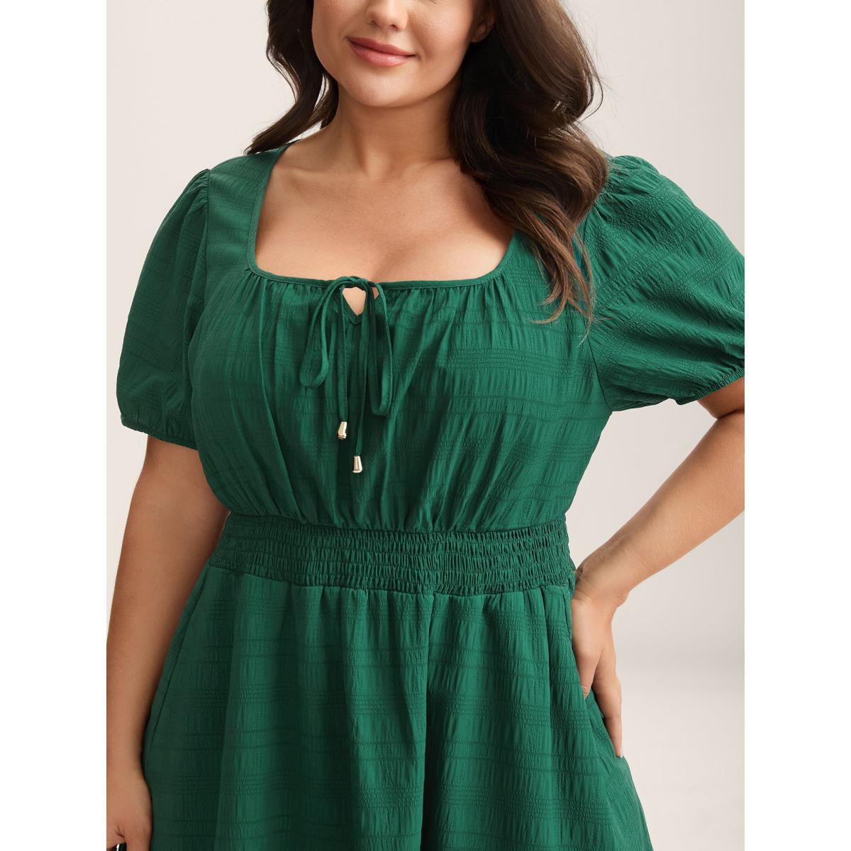 Plus Size Neck Tie Textured Layered Hem Midi Dress DarkGreen Women Square Neck Short sleeve Curvy BloomChic 18-20/2X Product Image