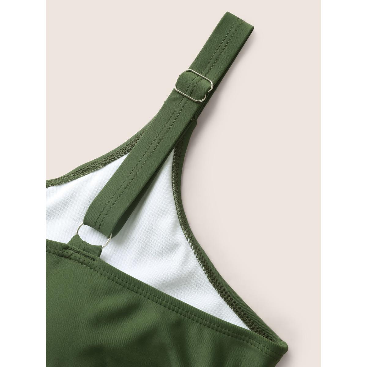 Plus Size Solid O Ring Buckle Detail Ruffle Trim Swim Dress Women's Swimwear Moss Beach Bodycon Heart neckline High stretch Curve Swim Dresses BloomChic 26/4X Product Image