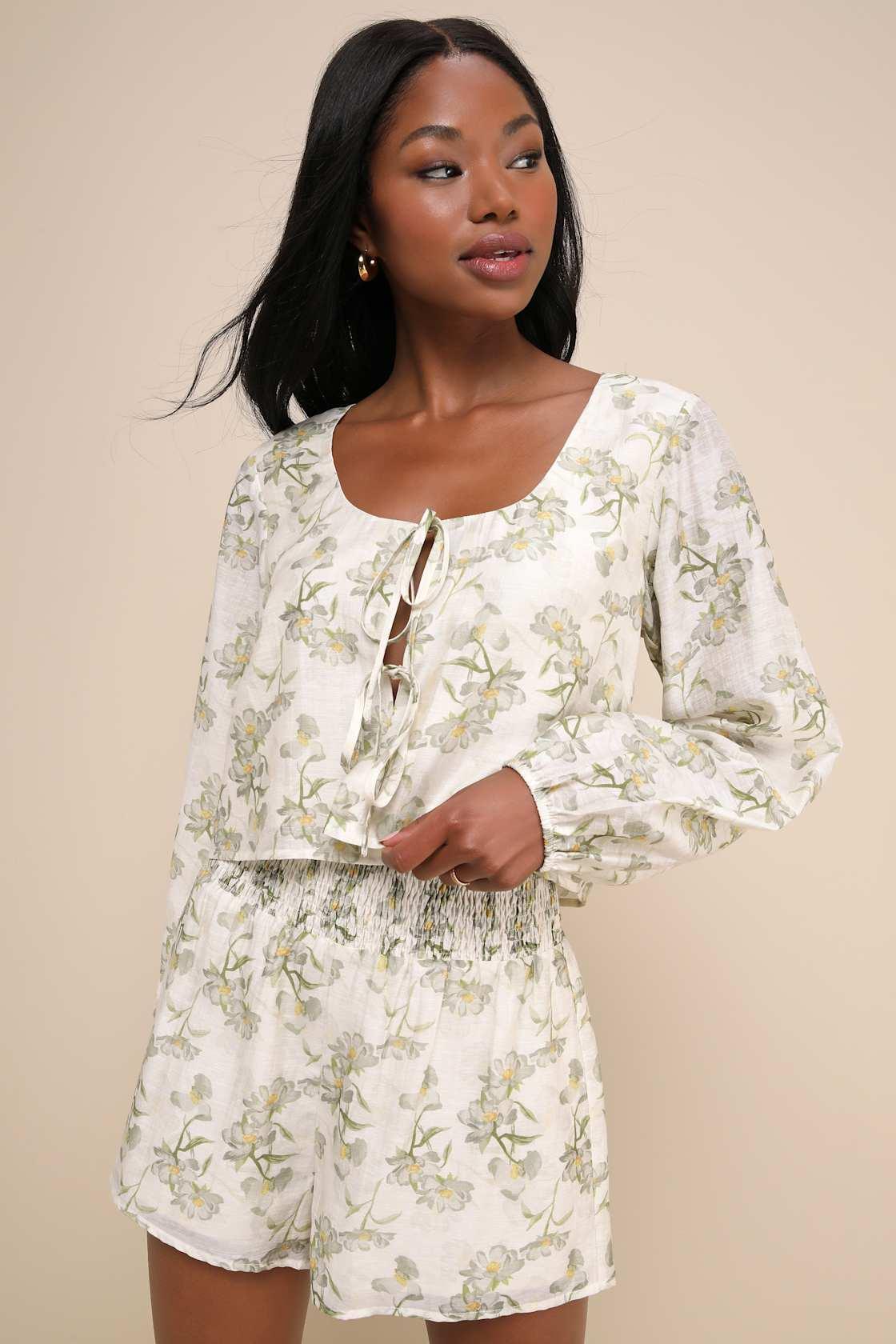 Playfully Sweet Beige and Sage Green Floral Smocked Shorts Product Image