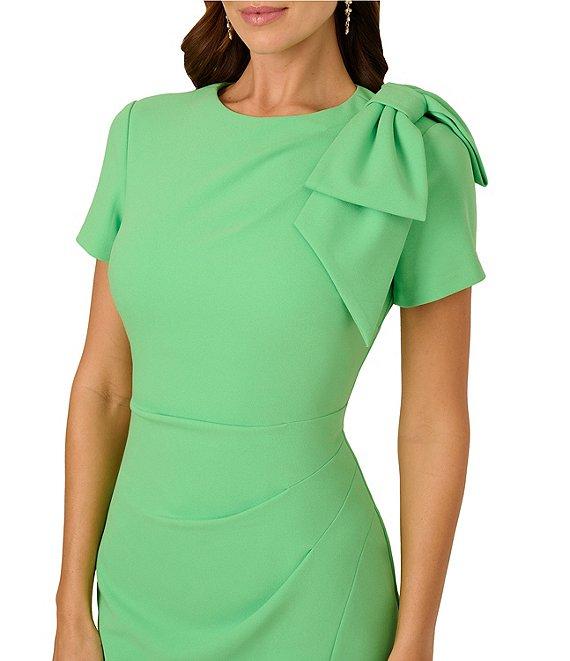 Adrianna Papell Crepe Crew Neck Short Sleeve Bow Shoulder Ruched Sheath Dress Product Image