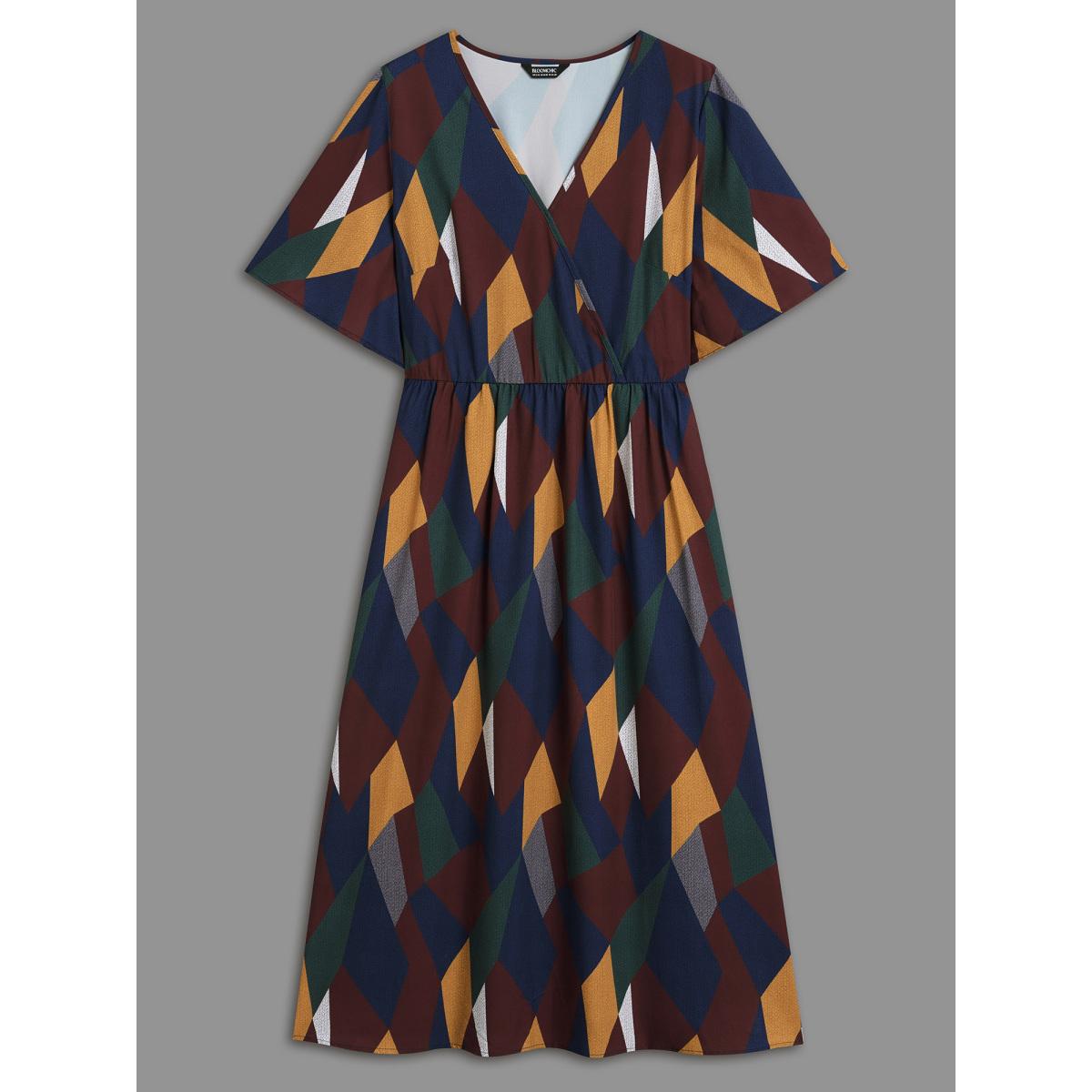 Plus Size Geometric Print Fit and Flare Midi Dress Multicolor Women Elegant Non Overlap Collar Half Sleeve Curvy BloomChic 18-20/2X Product Image