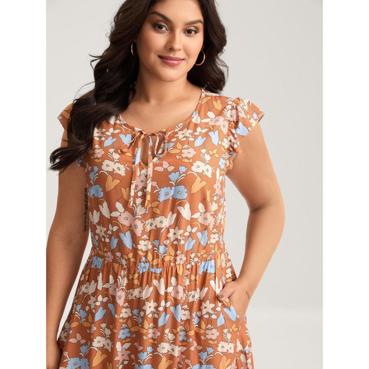 Plus Size Rayon Floral Stretchy Waist Pockets Midi Dress Lightorange Women Notched collar Cap Sleeve Curvy BloomChic 26/4X Product Image