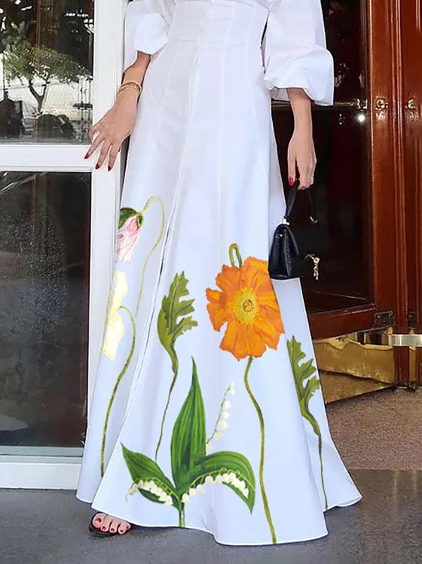 A-Line High Waisted Buttoned Flower Print Lapel Maxi Dresses Shirt Dress Product Image