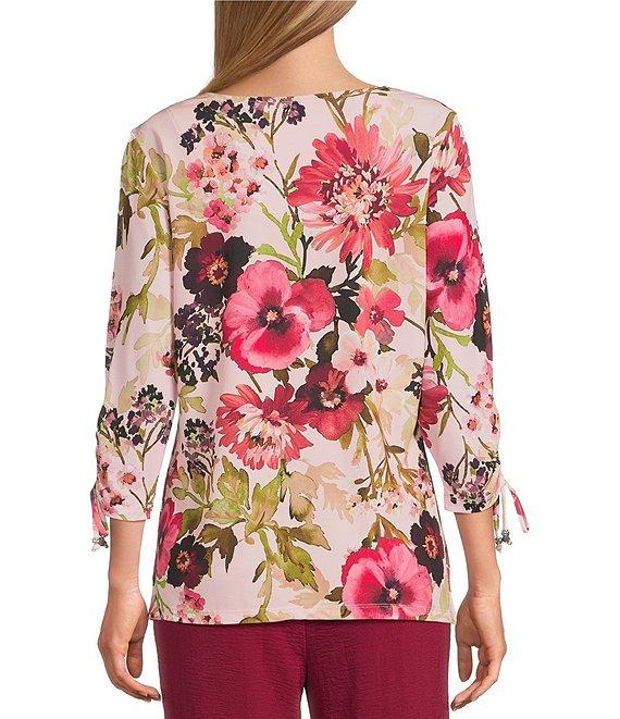 Allison Daley Petite Size Pansy Garden Print Embellished 3/4 Ruched Tie Sleeve Square Neck Knit Top Product Image