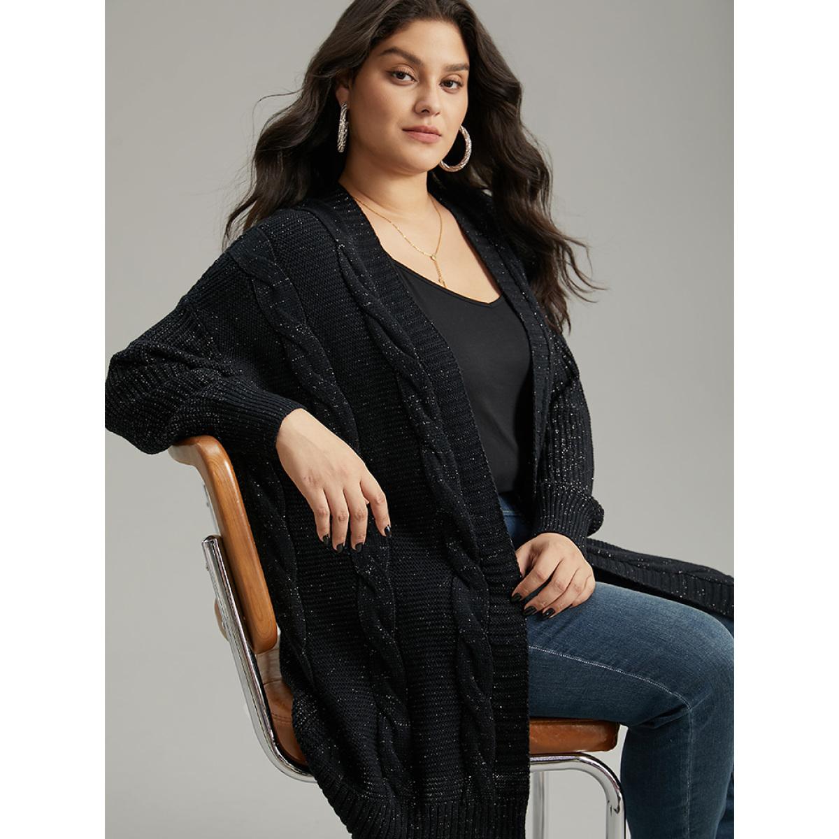 Plus Size Lurex Cable Knit Drop Shoulder Cardigan Black Women Casual Loose Long Sleeve Dailywear Cardigans BloomChic 30/6X Product Image