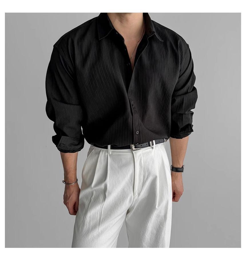 Long-Sleeve Collared Plain Button Up Shirt Product Image