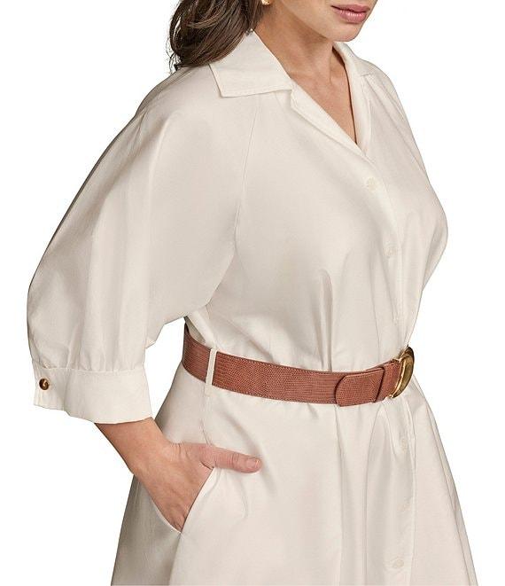 Donna Karan Plus Size Cotton Sateen Collared Neck Short Sleeve Belted Midi Shirt Dress Product Image