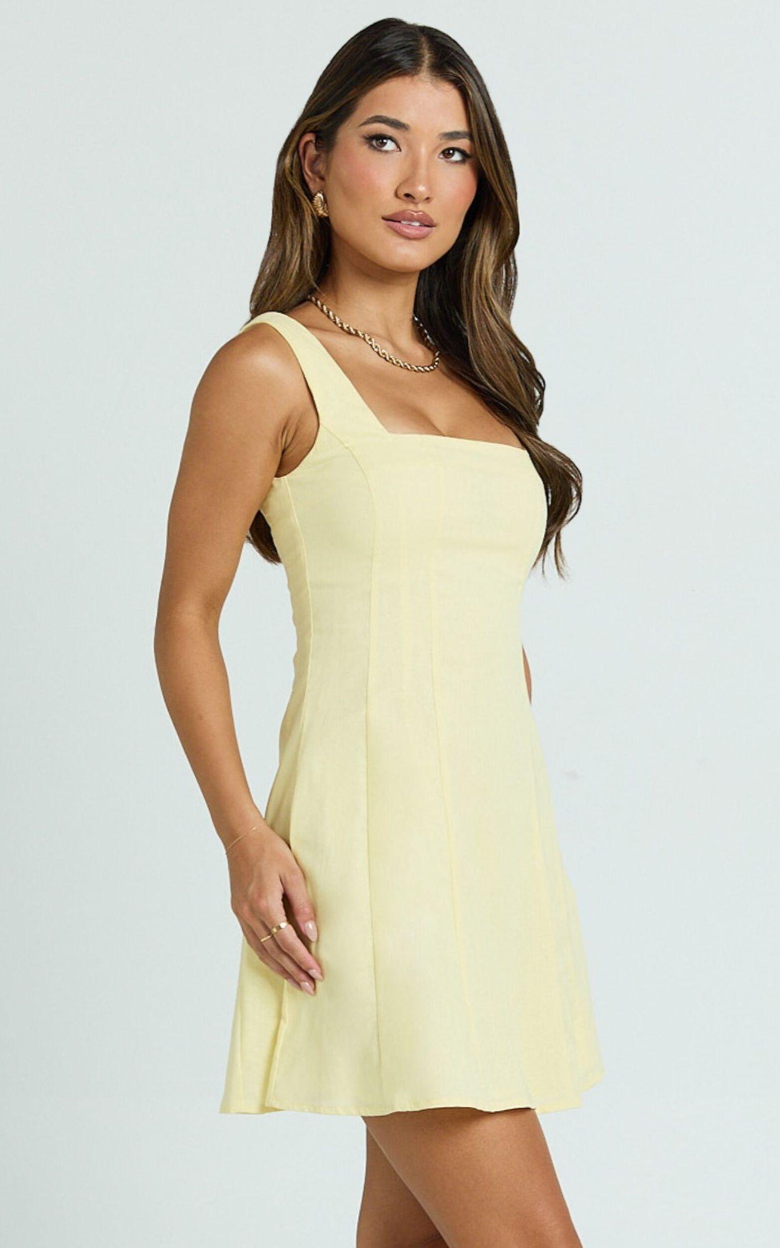 Adiana Mini Dress - Linen Square Neck Shirred Back A Line Dress in Lemon Product Image