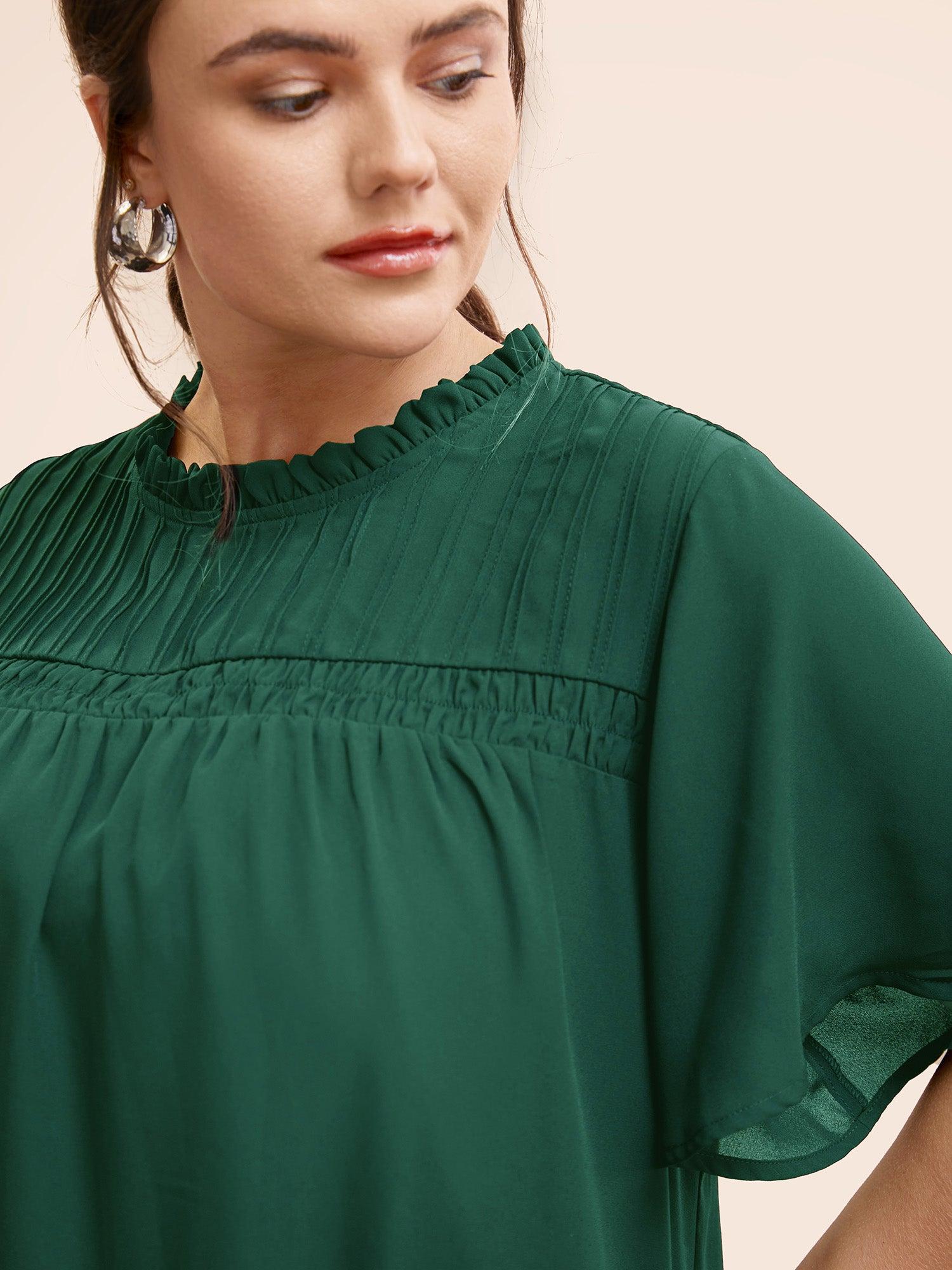Anti-Wrinkle Shirred Ruffle Sleeve Mesh Frill Trim Blouse Female Product Image