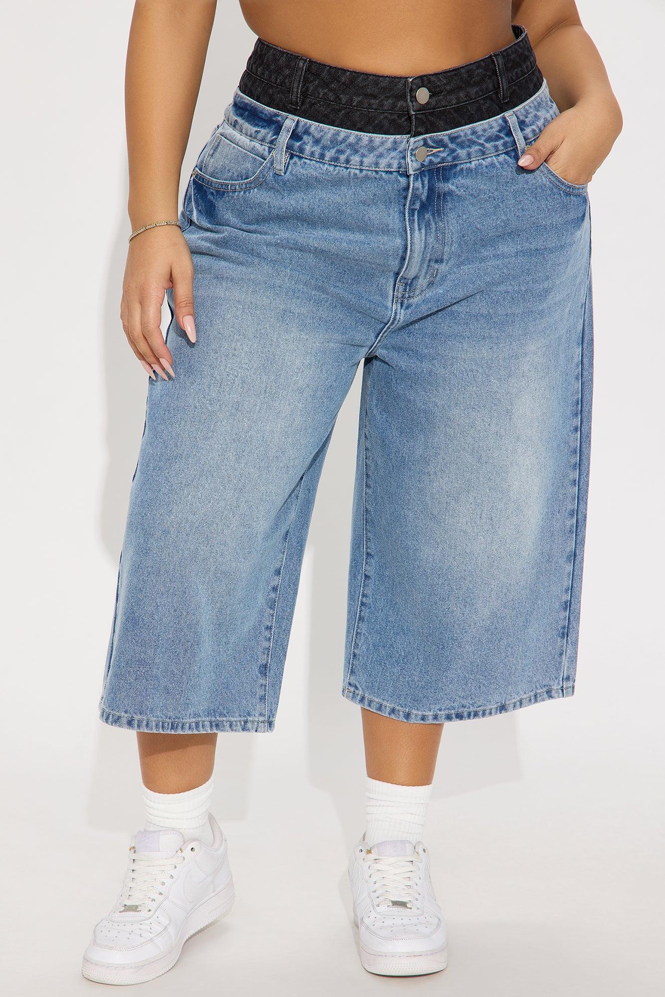 Teigen Non Stretch Double Waistband Denim Jorts - Medium Wash Product Image