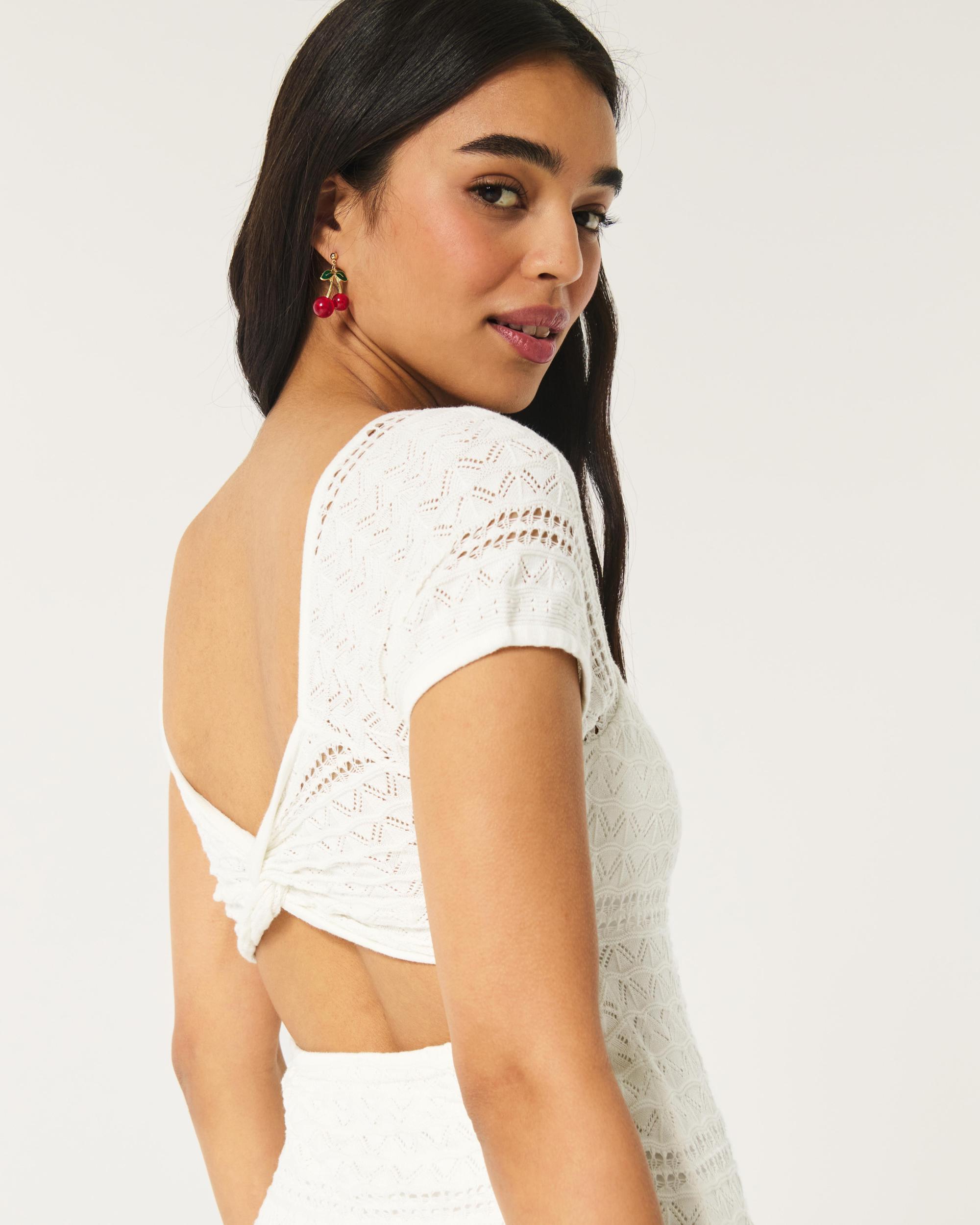 Short-Sleeve Crochet-Style Twist Back Mini Dress Product Image