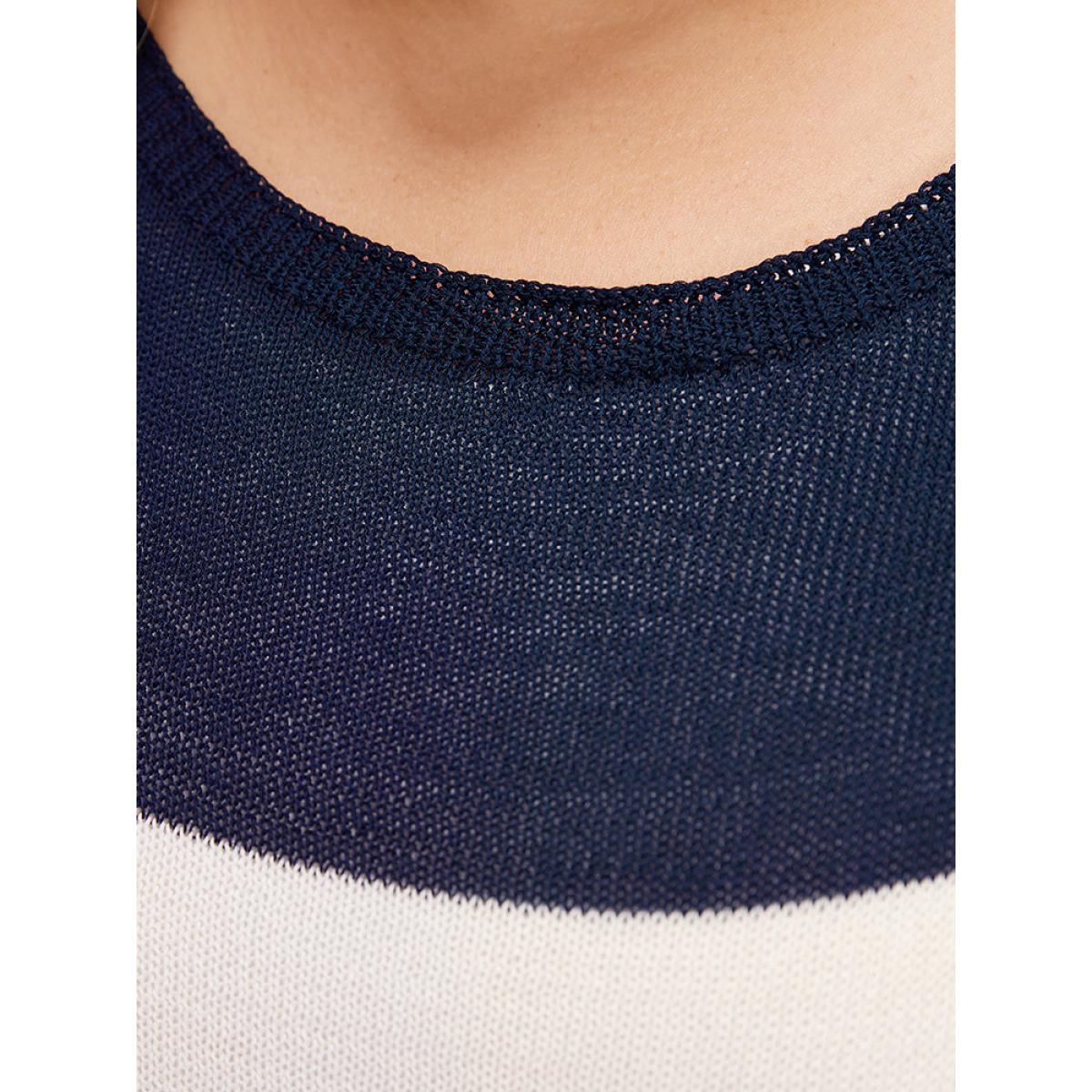 Plus Size Striped Contrast Boat Neck Cap Sleeve Pullover Indigo Women Casual Loose Short sleeve Round Neck Dailywear Pullovers BloomChic 28/5X Product Image