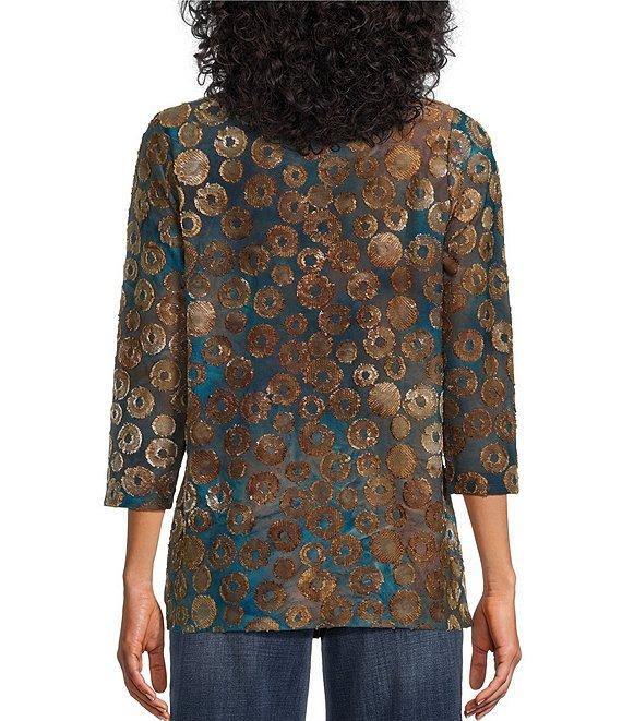 Leo & Nicole Jacquard Fanfare Print Crew Neck 3/4 Sleeve Side Cinched Tie Top Product Image